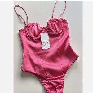 ZARA Hot Pink Satin Effect Corsetry Inspired Bodysuit Top Size M NEW WITH TAG!